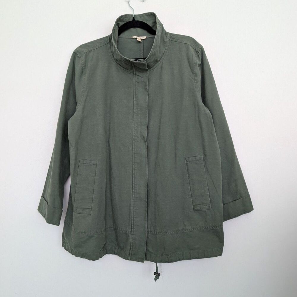 Eileen Fisher Green Stand Collar Utility Cotton Hemp Jacket Drawstring Hem Sz L